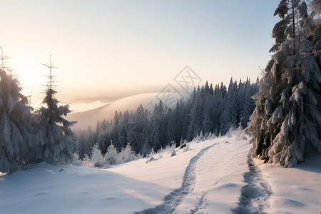 冬季山坡上的树林背景图片