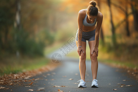 树林跑步跑步女子抱着膝盖弯腰背景