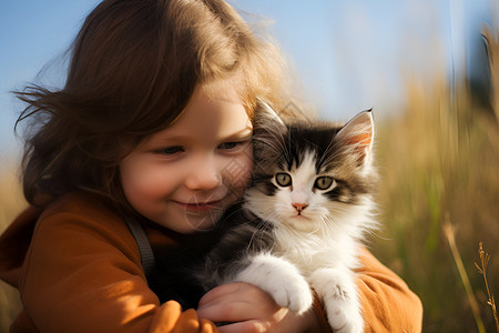 田园中与猫咪相伴的小女孩背景图片