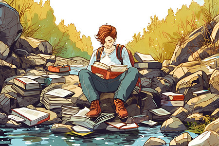 溪流边读书的学生背景图片