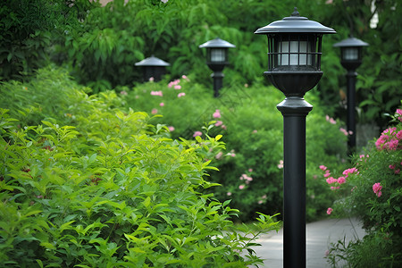 路灯灯杆灯柱和花丛背景