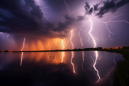雷暴天气夜晚湖面上的雷电背景