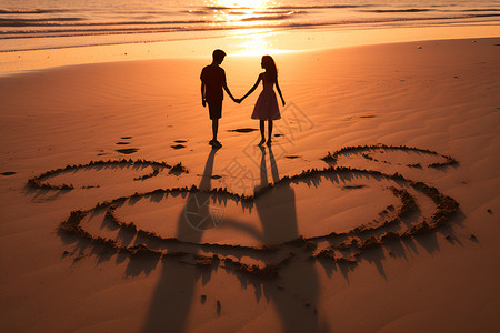 户外沙滩沙滩上浪漫的情侣插画