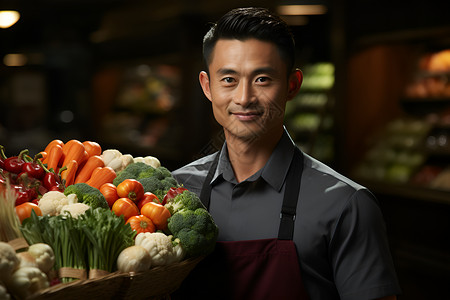 超市展示蔬菜的理货员背景图片