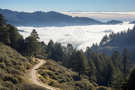 云雾山脉上的山路背景图片