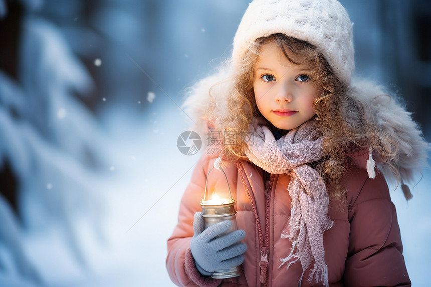 户外雪地中的卷发小女孩图片