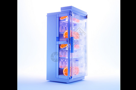 橙蓝渐变背景下一款透明冰箱背景图片