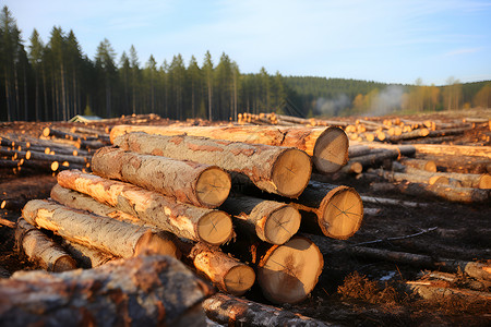 采伐森林堆积的一堆原木背景