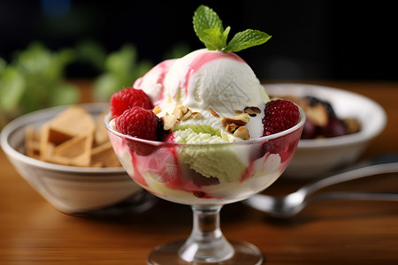 美味的草莓果仁冰淇淋背景图片