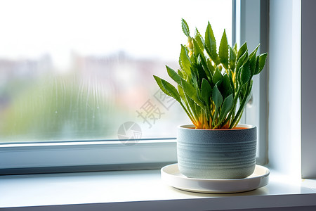 植物盆窗台上的绿色植物背景