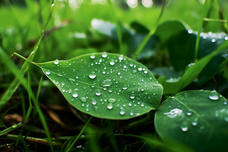 清晨春雨中的水滴点缀绿叶背景图片