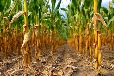 玉米秆金黄丰收-玉米田与蓝天背景