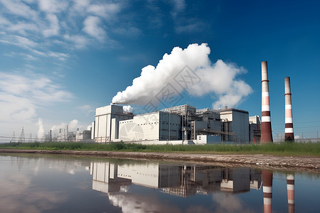 火力发电厂工厂煙囪衬托着蓝天白云背景