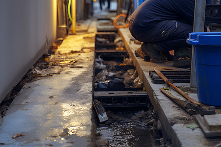 修理地下排水管道的工作人员高清图片