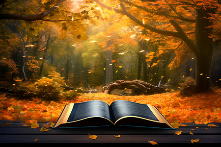 秋季丛林中的书本背景图片