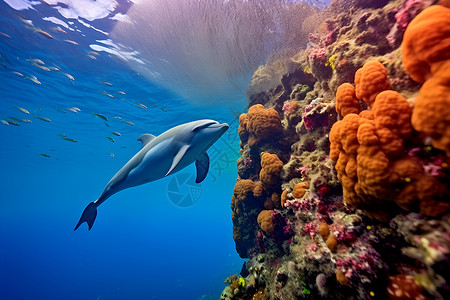 游过珊瑚礁的海豚背景图片