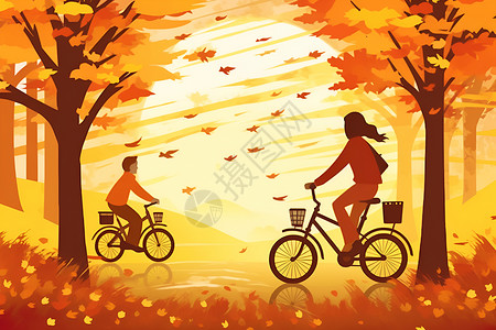 秋日骑行的母子背景图片