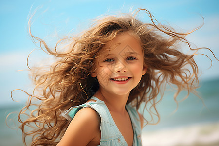 海边笑容海边玩耍的小女孩背景
