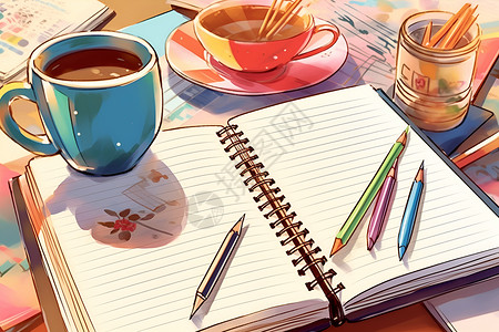 咖啡笔学习休息的空隙插画