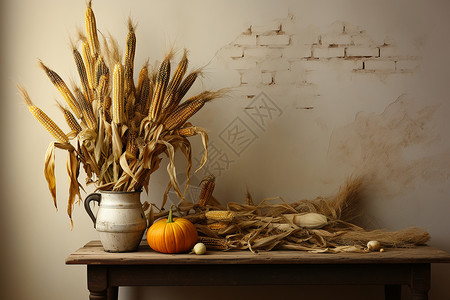 花瓶和桌子桌子上的干玉米和南瓜插画