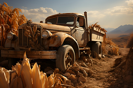 老式拖拉机老式卡车停靠在玉米田旁背景