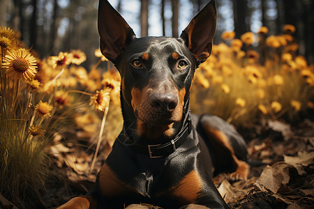 警觉犬在阳光明媚的花丛中背景