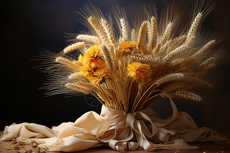 捆绑丝带丝带捆绑的一束麦穗花卉背景
