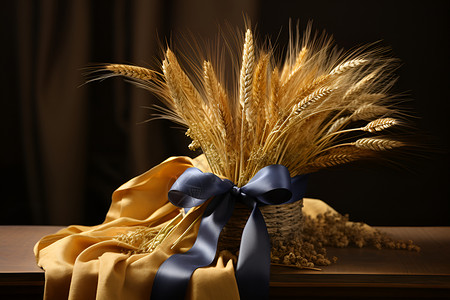 一束用丝带装饰的麦穗背景图片