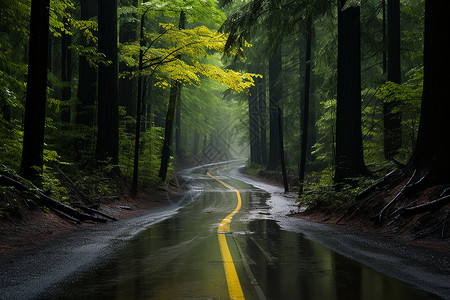 湿漉漉的森林公路背景图片