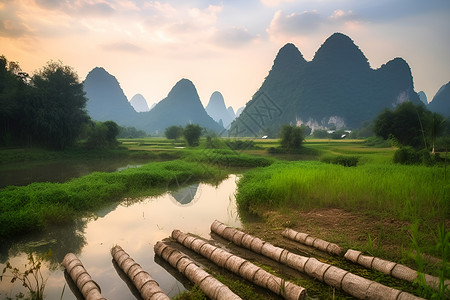 桂林山下的风景背景图片