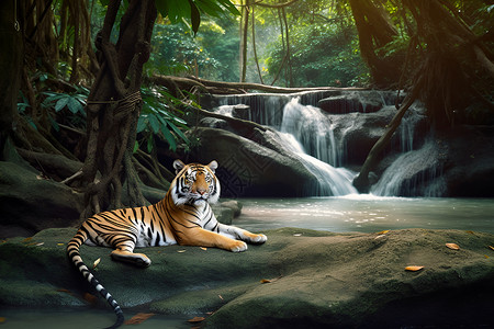一只躺在岩石上的老虎高清图片