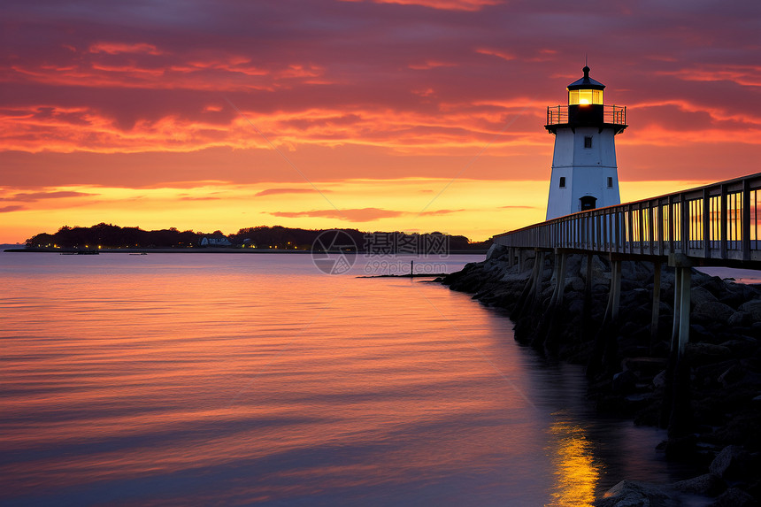 夕阳下的海边灯塔图片