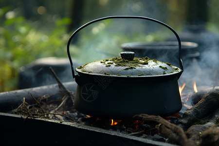烟雾缭绕的烧制茶壶背景图片