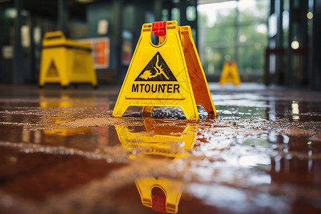 湿滑地板上的警示标志背景图片