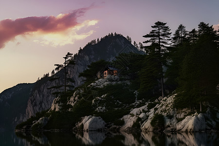 山脉上的建筑小屋背景图片