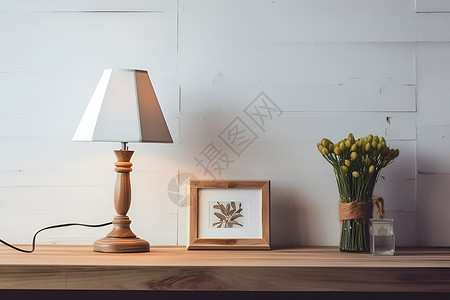 小木桌上台灯木制木桌上的相框装饰背景