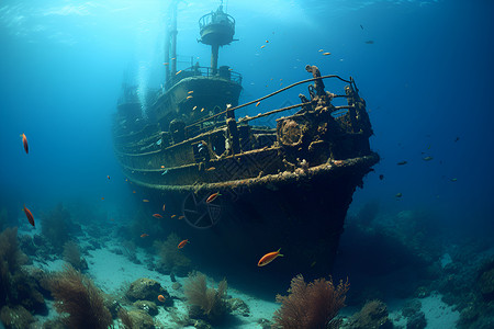 海下的沉船遗迹高清图片