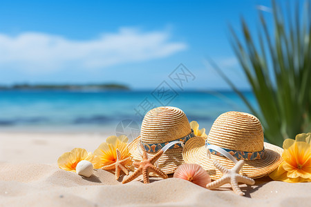 沙滩上的海星和帽子背景图片