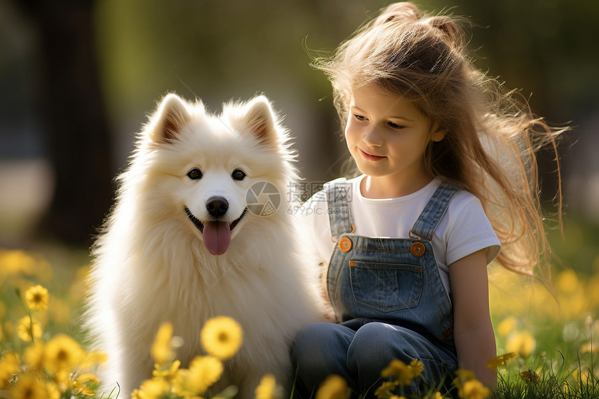 户外愉快的小狗和小女孩图片