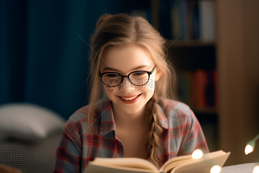 欢乐阅读书籍的外国小女孩图片