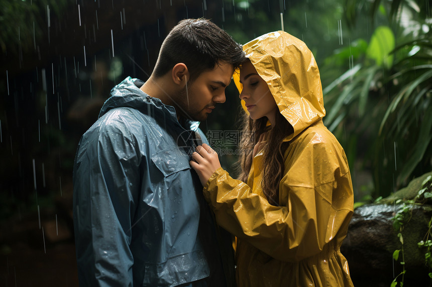 披着雨衣的情侣在雨中并肩站立图片