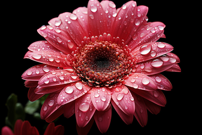 粉色花朵上挂满水滴叶子和背景一片漆黑图片