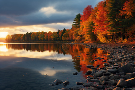 秋日的湖畔风光背景图片