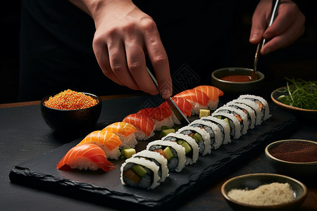 烹饪日式寿司的美味餐饮背景图片