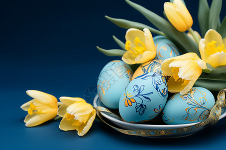 庆祝复活节彩蛋和郁金香花朵背景图片