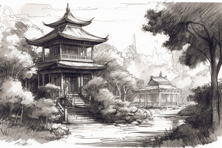 中国寺庙的水墨画背景图片