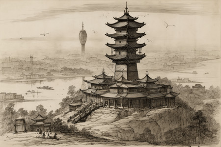 中国宝塔水墨画背景图片