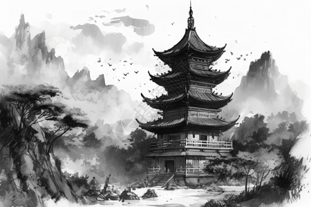 山水中的中国古建筑背景图片