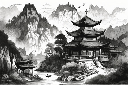 建筑亭子古代中国古代阁楼建筑插画