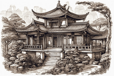 历史寺庙水墨画背景图片